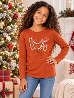 🎀 4/$20 Cat & Jack Orange Long-Sleeve Tee with Festive Reindeer Graphic Size L